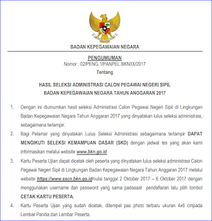 PENGUMUMAN HASIL SELEKSI CPNS BADAN KEPEGAWAIAN NEGARA TAHUN ANGGARAN 2017