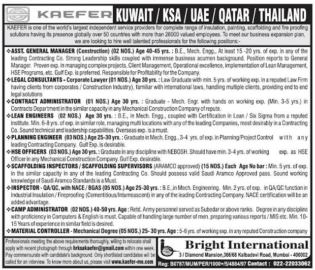 Kuwait, KSA, UAE, Qatar & Thailand job vacancies