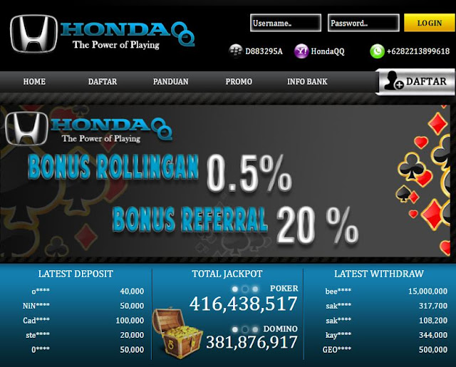   HondaQQ.com Agen Domino 99 BandarQ dan Poker Online Terpercaya