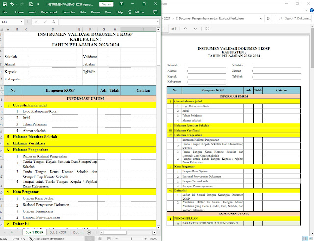 UNDUH EXCEL INSTRUMEN VALIDASI KOSP KURIKULUM MERDEKA 2023/2024. REFERENSI