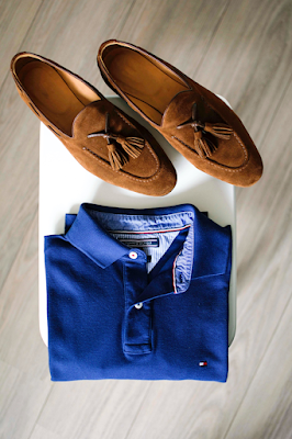 A Pair of Brown Tassel Shoes with a Blue T-Shirt