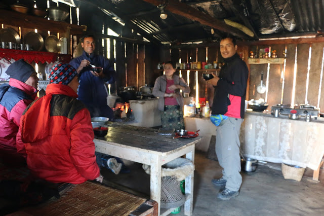 Trekking supporters helping in the teahosue in forest camp along Mardi Himal trek.