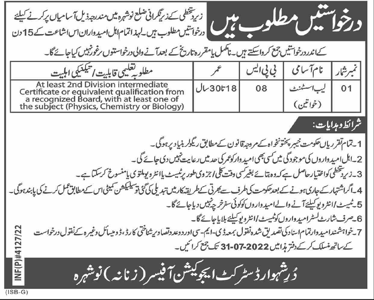 Latest District Education Officer Education Posts Peshawar 2022