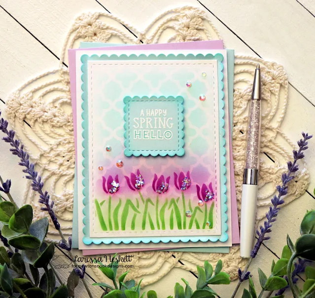 A Happy Spring Hello Card by Larissa Heskett for Newton's Nook Designs using Spring Garden Line Stencil, Quatrefoil Stencil, Spring Blooms Oval Stamp Set, Slimline Frames and Windows Die Set, Frames and Flags Die Set