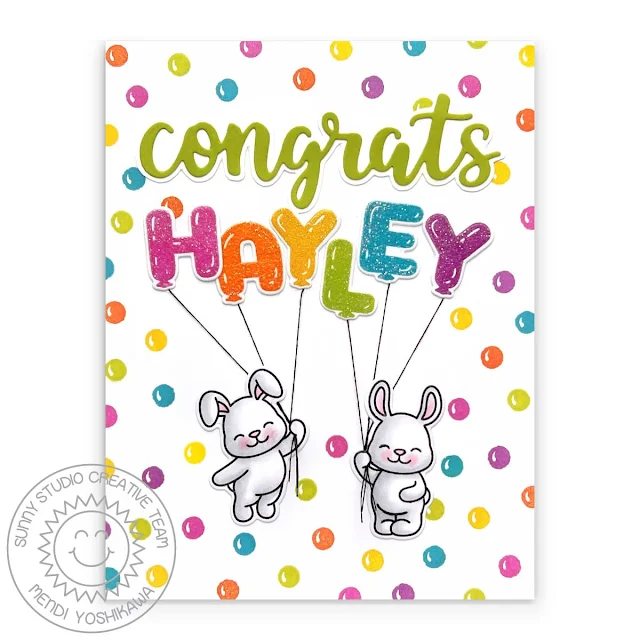 Sunny Studio Bunny Personalized Congrats Card using Balloon Alphabet, Balloon Numbers Stamps, Slimline Scalloped Frame Dies