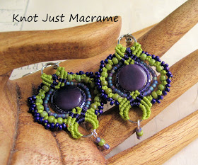 Beaded macrame earrings by Sherri Stokey in green and purple