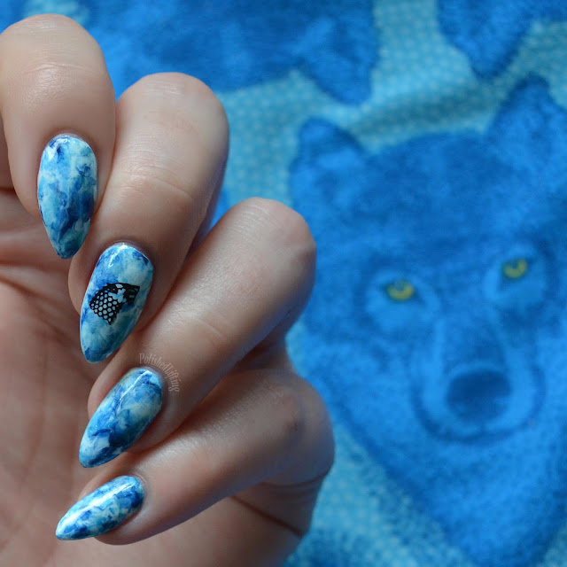 smooshy blue manicure with dire wolf