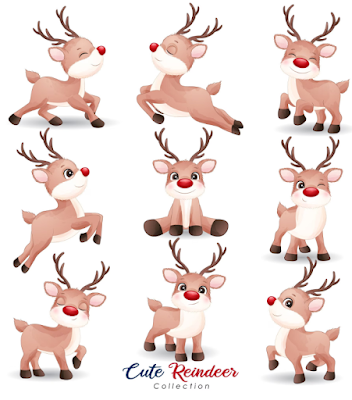 Cute reindeer poses clipart with watercolor illustration
