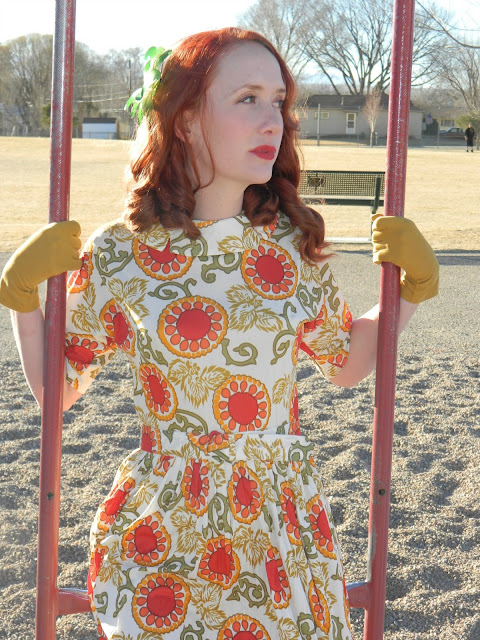 1940s Pornette dress redhead mustard gloves Just Peachy, Darling