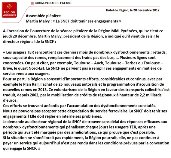 Comunicat del Conselh Regional de Miègdia-Pirinèus SNCF e contracte ambe l'entrepresa d'Estat