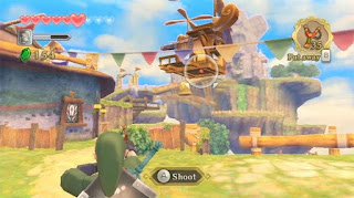 Link pointing the Slingshot at Beedle's air shop on Skyloft