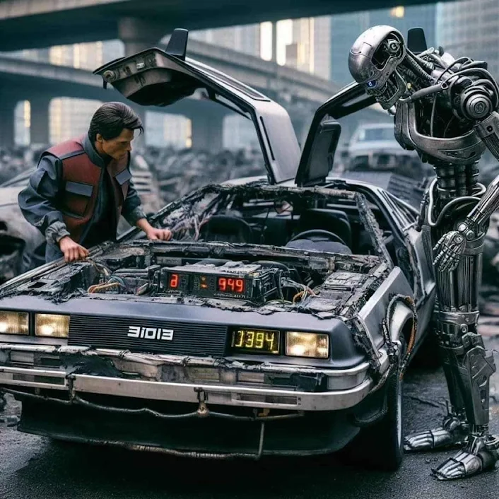 BTTF vs. T2 vs. DMC - Marty McFly and the Terminator contemplate the Electronic Fuel Injection upgrade on their custom rat DeLorean, both secretly wishing that they'd left the stock Carburetor in place.
