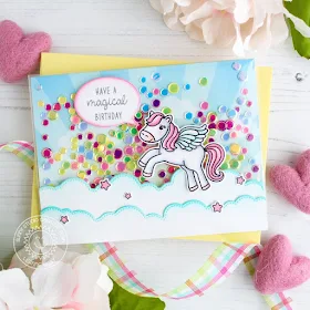 Sunny Studio Stamps: Prancing Pegasus Fluffy Cloud Border Dies Comic Strip Speech Bubble Dies Birthday Shaker Card by Leanne West
