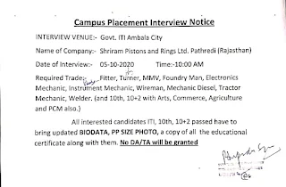 ITI, 10th, 10+2 Passed Job Campus Placement Interview in Ambala City For Shriram Pistons and Rings Ltd. Pathredi, Rajasthan