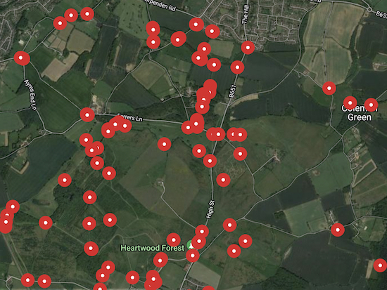 Screen grab of W3W showing some of the Hertfordshire Walker location points