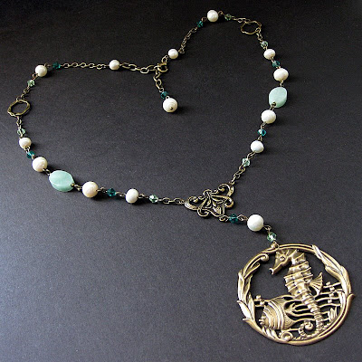 Aqua Amazonite and Pearl Seahorse Necklace