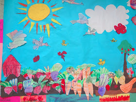 pollination art project, cut paper garden mural, spring science art project