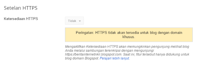 Peringatan: HTTPS tidak akan tersedia untuk blog dengan domain khusus.