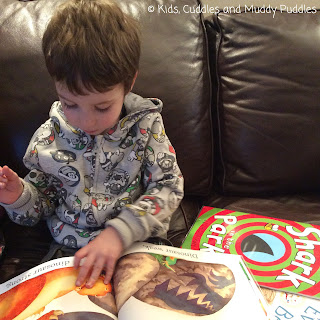 Young boy reading Dinosaur Roar! on the sofa.