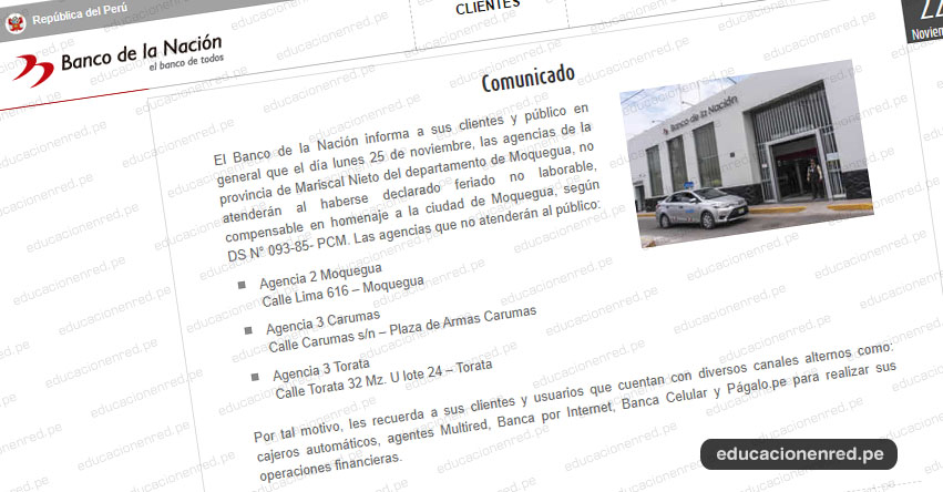 BN: Banco de la Nación no atenderá el lunes 25 de noviembre en las agencias de la provincia de Mariscal Nieto - Moquegua - www.bn.com.pe