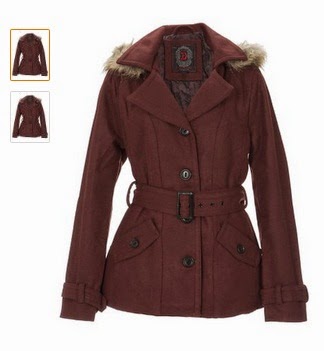 Womens Faux Wool Belted Coat with Faux Fur Trim Hood