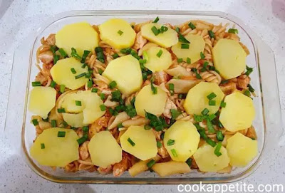 This creamy potato pasta bake is made quick especially if you already have left over chicken but it's still quick even if you have to cook chicken and potatoes.