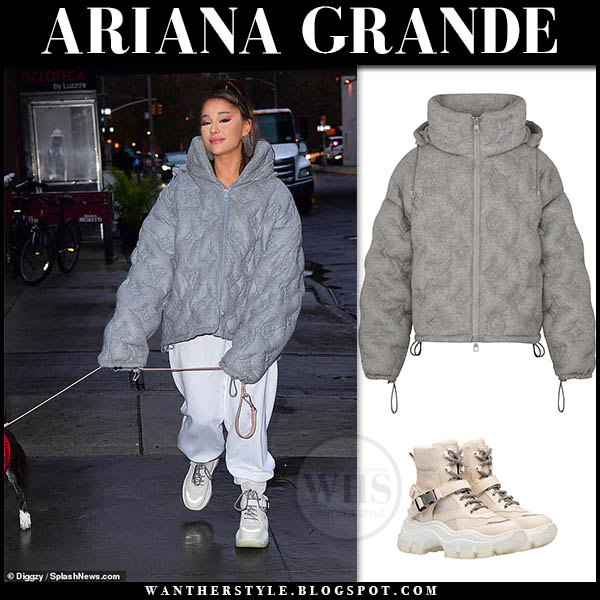 Ariana Grande In Grey Puffer Jacket And Cream High Top