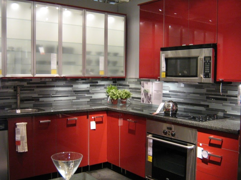 Pictures of IKEA Kitchens Bright Red Glossy Cabinets 