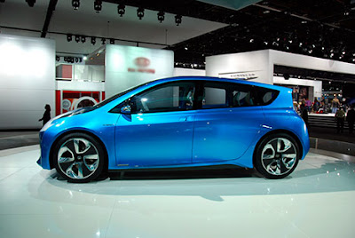 Side view of blue color Toyota Prius C hatchback model