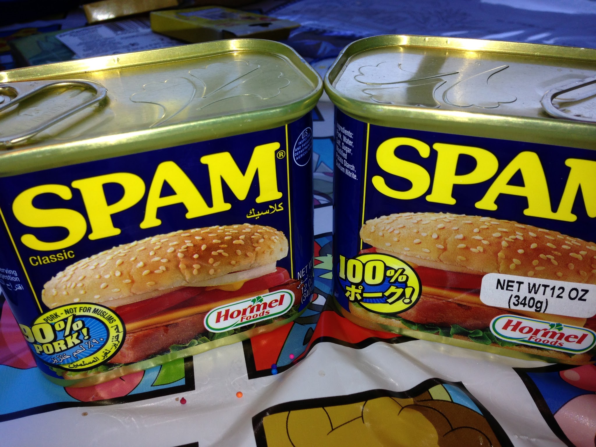 Image of Spam cans from Grocery Outlet in South San Francisco showing Arabic and Japanese markings