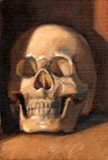 Oil painting of a plastic skull facing the viewer, almost.