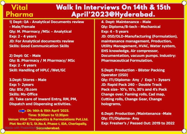 Vital Pharma | Walk-in Interview for Multiple Positions on 14th & 15th April 2023