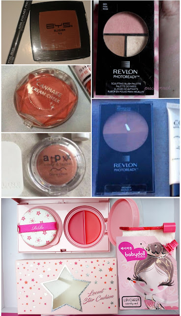 BYS Blusher in Perfectly Peachy, Canmake Cream Cheek, apx colour & fashion Dome Cheek, Revlon Photoready Sculpting Blush Palette and Bronzer in 100 Bronzed & Chic, Rire Lucent Star Lip & Cheek in Pink/Coral, Babydoll Korea Lip Cheek in Candy Red.