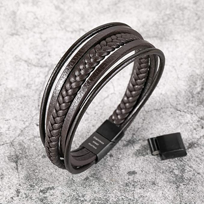  murtoo Mens Leather Bracelet with Magnetic Clasp Cowhide  Multi-Layer Braided Leather Mens Bracelet (Brown&Black, 7.5): Clothing,  Shoes & Jewelry