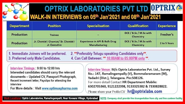 Optrix Labs | Walk-in for Freshers and Experienced on 8th Jan 2021