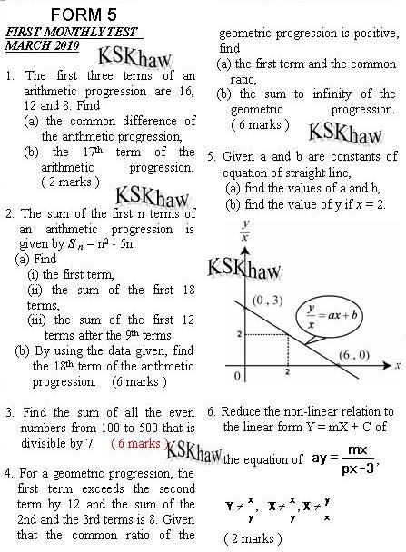 KSKhaw (分享者,许景程): Additional Mathematics Exam / Test : Form 5