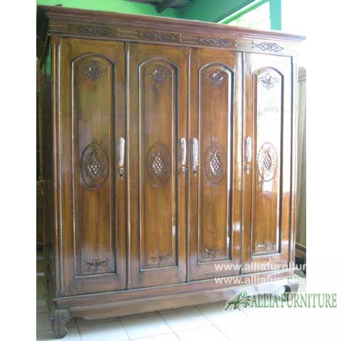  Lemari  pakaian kayu jati 4  pintu  anggur Allia Furniture