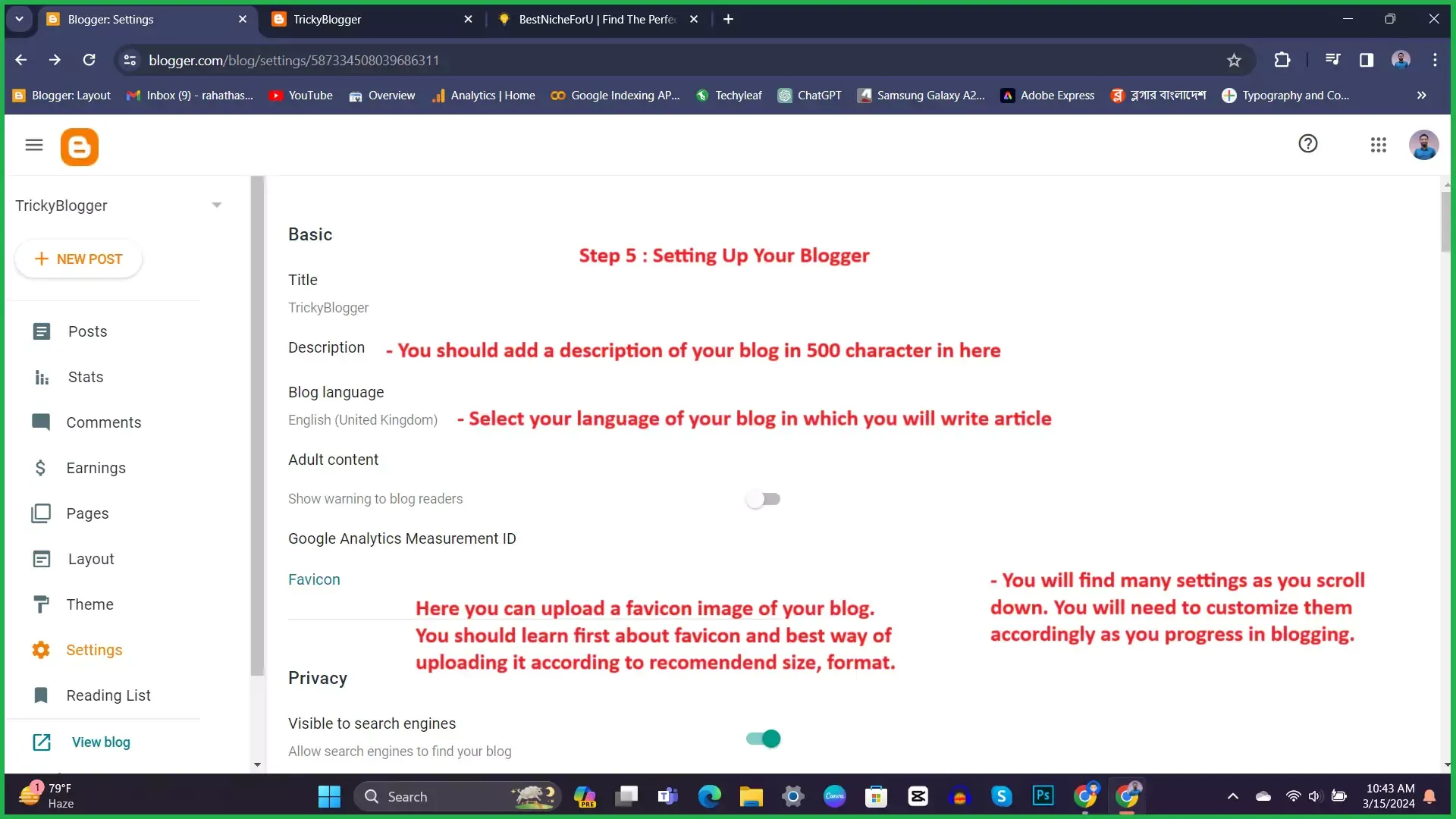 screenshot of blogger settings