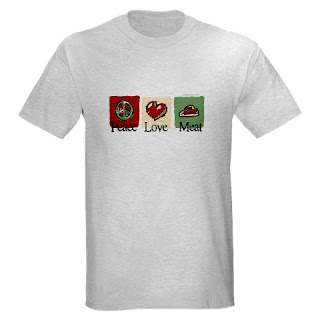 Funny t-shirt for dieters or meat lovers, carnivores or Paleo / primal people. Peace, Love, Meat with steak, heart, and peace sign.