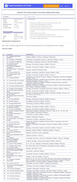 FF Job Portal |  Teaching Jobs in Fouji Foundation Rawalpindi Zone | Teaching Jobs Latest Advertisement