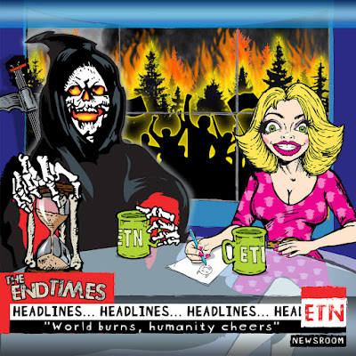 The cover illustration features cartoon versions of Death and a woman reporter at a news desk, while a mob riots in the background outside their window.