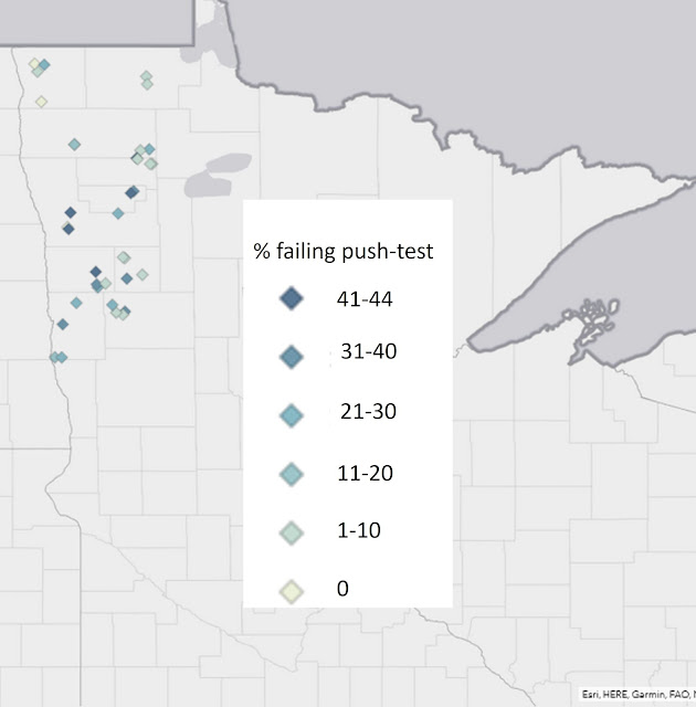 A map displaying the percentage of plants 'failing' a push test at various locations in northwest Minnesota in fall 2023.