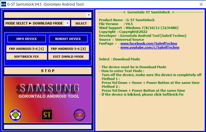 Download G-ST SamUnlock V4.5 Gorontalo Android Tool FREE For Samsung FRP Bypass 2022