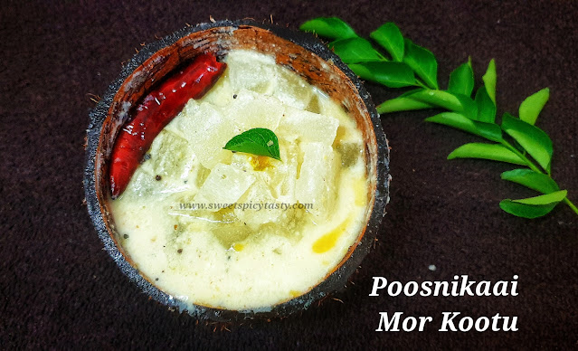 Mor Kootu is a traditional recipe from the South Indian Cuisine.it can be prepared with veg like White Pumpkin (pooshanikai) ,chayote & banana stem, pooshanikaai mor koot, pumpkin mor kootu, poosnikaai pachadi,pooshanikai pachadi , kumbalkaai pachadi, poosanikkai more kootu