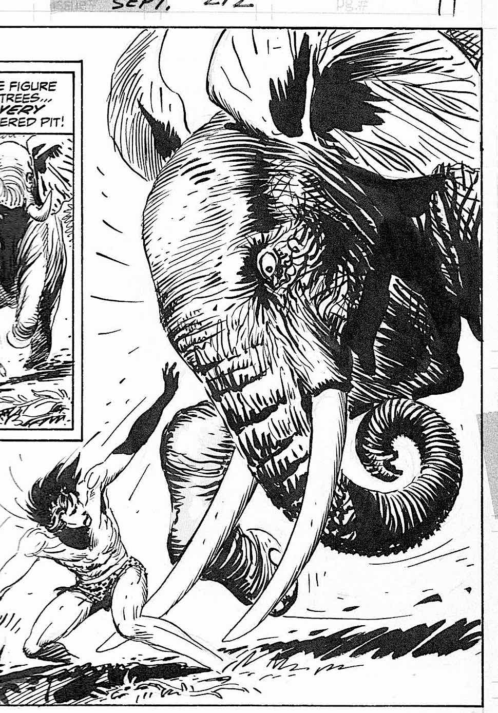 a Joe Kubert story panel for Tarzan showing an angry elephant attacking Tarzan