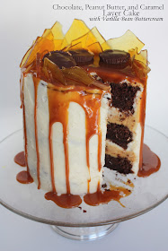 chocolate, peanut butter, and caramel layer cake with vanilla bean buttercream