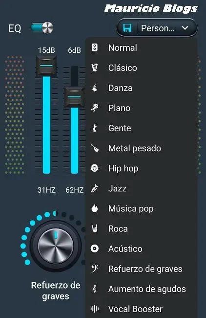 Ajustes predefinidos ecualizador Captura de pantalla del listado de ajustes predefinidos del ecualizador