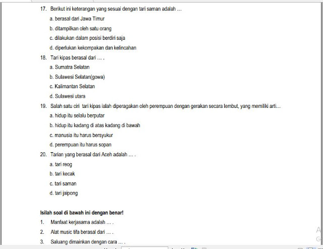 Soal Penilaian Harian Kelas 4 Tema 1 Sub tema 1 SD/MI dari nomor 17 sampai nomor 20, dan nomor 123 isian, https://gurujumi.blogspot.com/