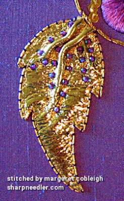 Goldwork leaf in detail. (Royal School of Needlework, goldwork with pansy)
