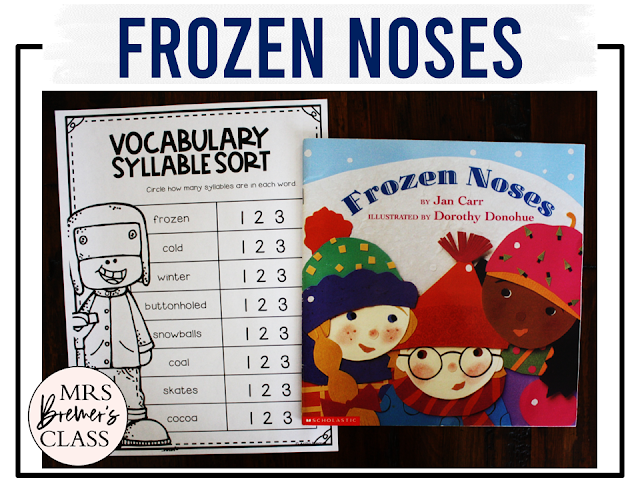 Frozen Noses book activities unit with literacy printables, reading companion activities, lesson ideas, and a craft for winter in Kindergarten and First Grade